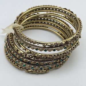 Stunning Gold Tone Blue Rhinestone 7 Piece Metal Bangle Bracelet Set New 7.5"